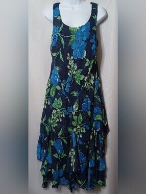 Robbie Bee Navy Ruffle Midi Dress with Blue and Green Floral Print. Size 14W.